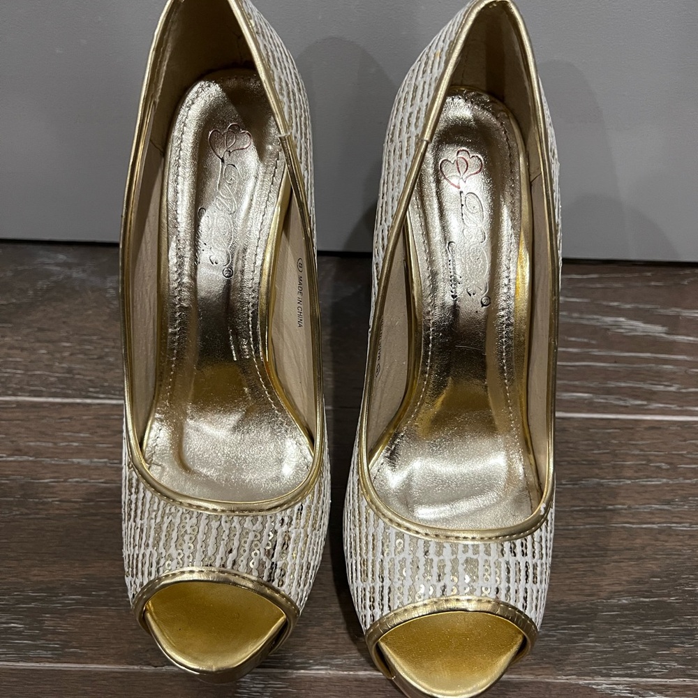 Gold and Silver Peep Toe Heels